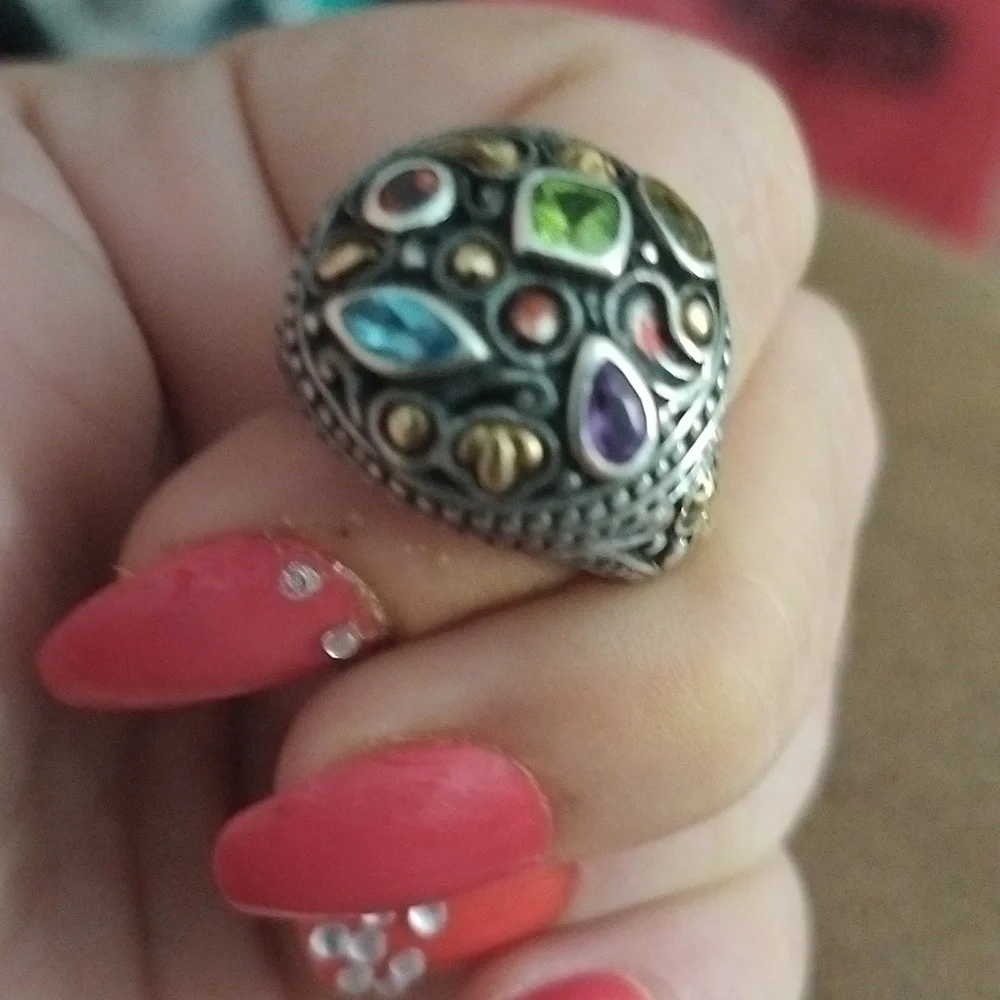🔥Vintage Samuel Benham Sterling Silver 18 K gold W/Real Gemstones Cocktail Ring - Picture 8 of 11